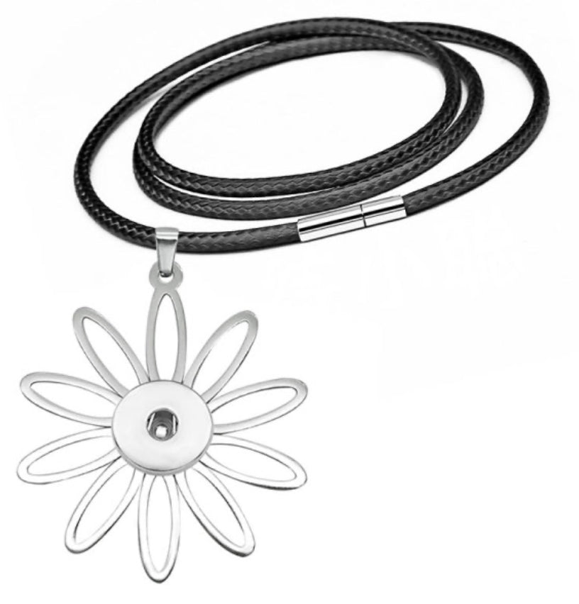 Stainless Steel Flower Pendant with Black magnetic closure cord