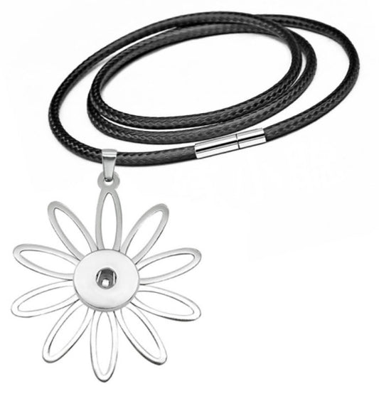 Stainless Steel Flower Pendant with Black magnetic closure cord